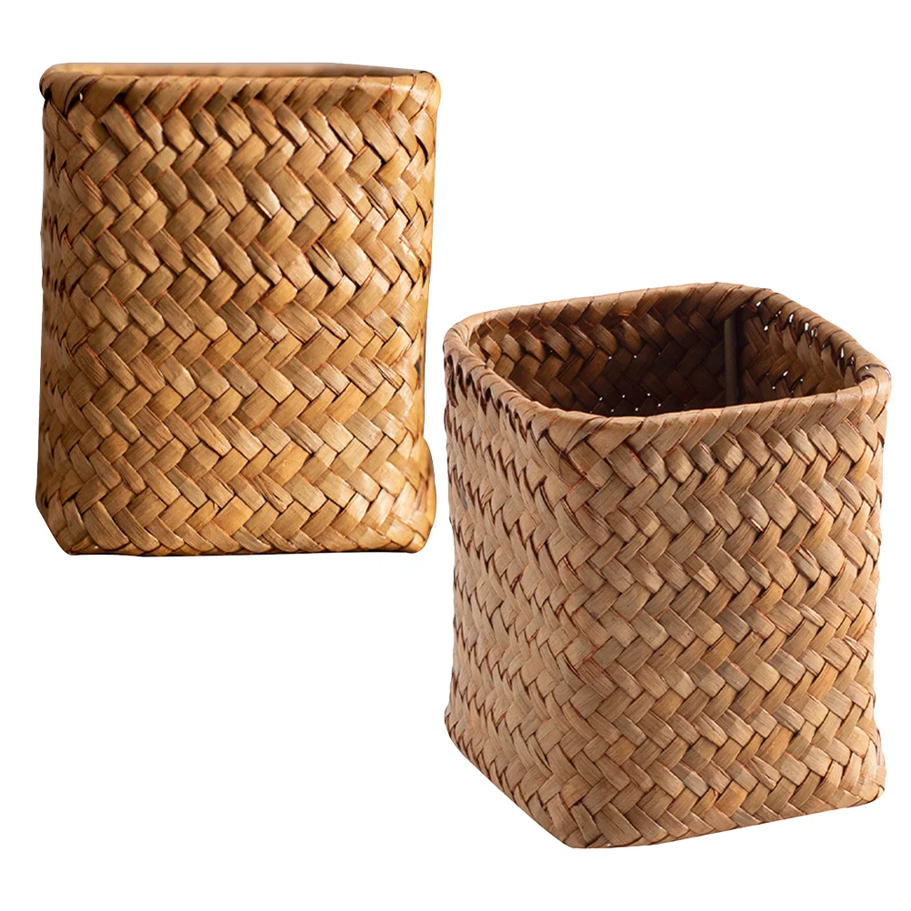 

2 Pcs Desktop Storage Box Pencil Holder for Silverware Holders and Organizer Cup Decorate Accessories Vertical Woven
