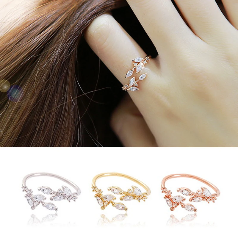 Huitan Fashion Fresh Branch Leaves Design Opening Rings Women 3 Metal Color Available Bride Wedding Ceremony Party Fancy Jewelry