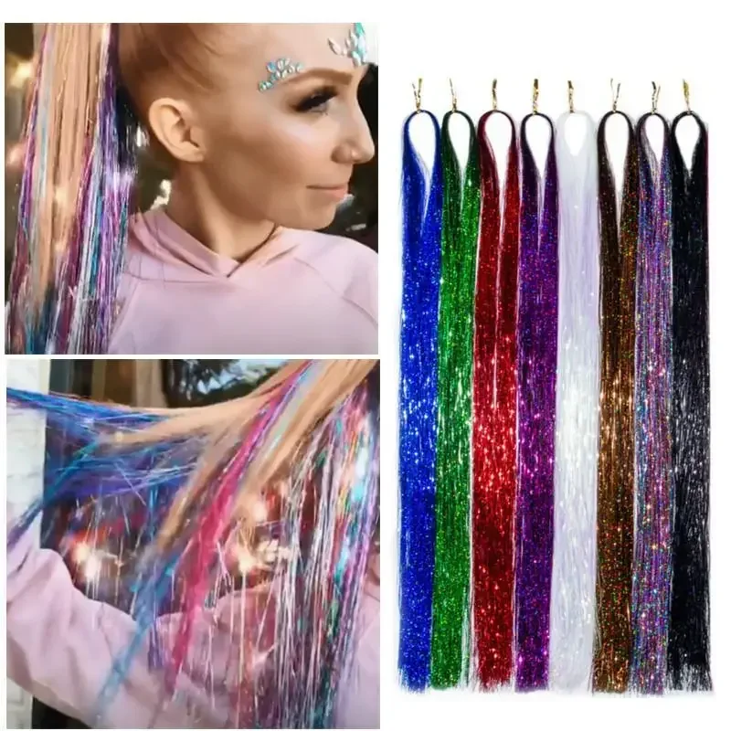 93cm/100cm accessori per estensioni dei capelli olografici Glitter Tinsel Sparkle Shiny 120 fili Bling scintillio estensioni dei capelli