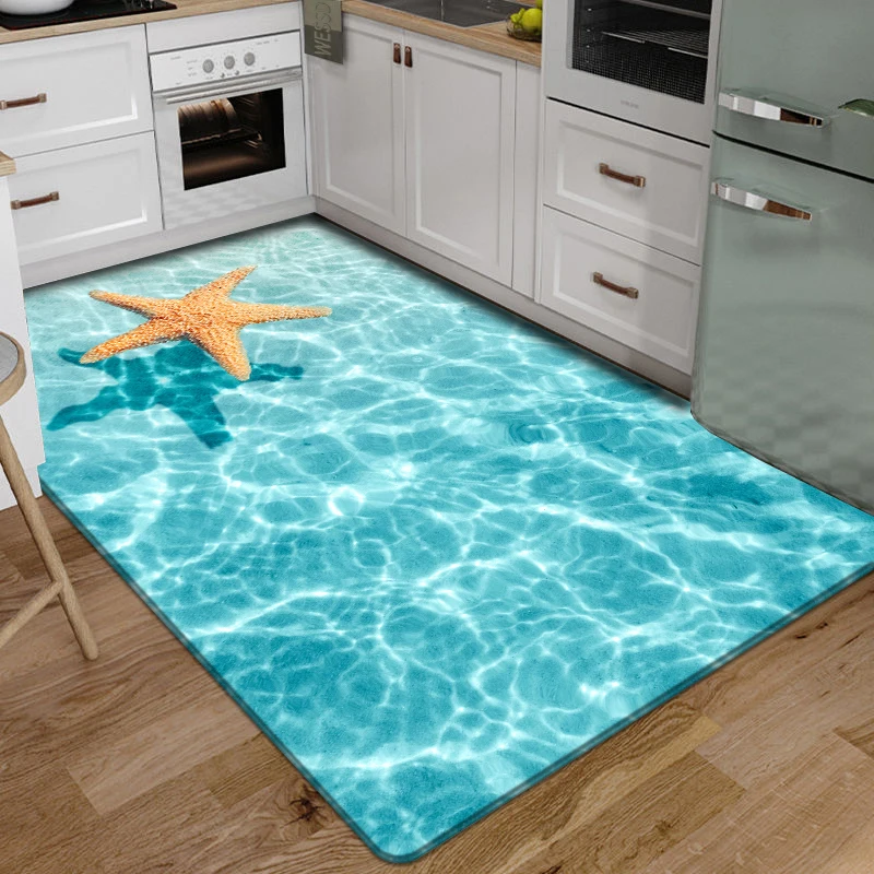 3D Floor Mat Rugs Kitchen Beach Waves Runner Carpet Kitchen Washable Non-slip Living Room Carpet Marine Bath Mat Absorbent