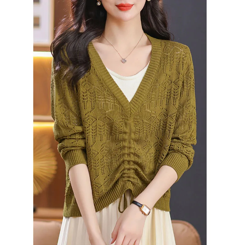 2024 Summer Thin Long Sleeve Hollow Out Pullover Top Women New V-neck Long Sleeve  Pull Jumpers Female Pullovers