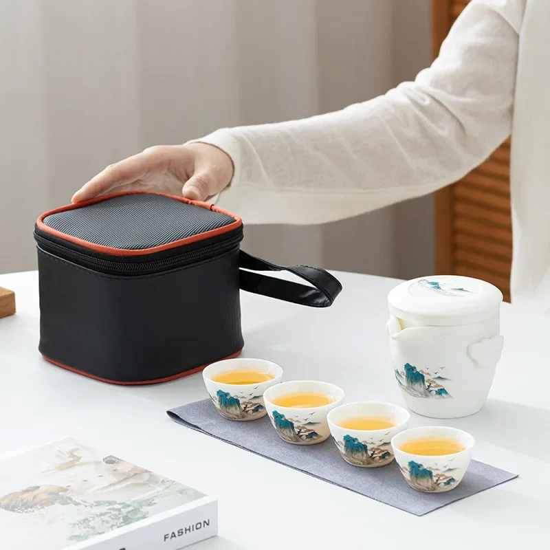 Lightweight White Porcelain Travel Tea Set 1 Teapot 2 Cups with Carry Bag SGS Certified Food-Grade Glaze Gift for Tea Lovers