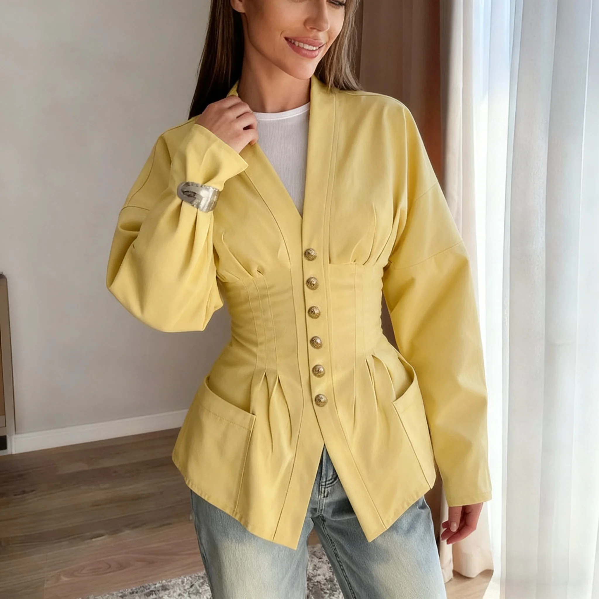 بلوزة خريف 2026 جديدة أنيقة مدببة الخصر على شكل حرف v للنساء للتنقل بأكمام طويلة متينة ملابس مرقعة قمصان نسائية