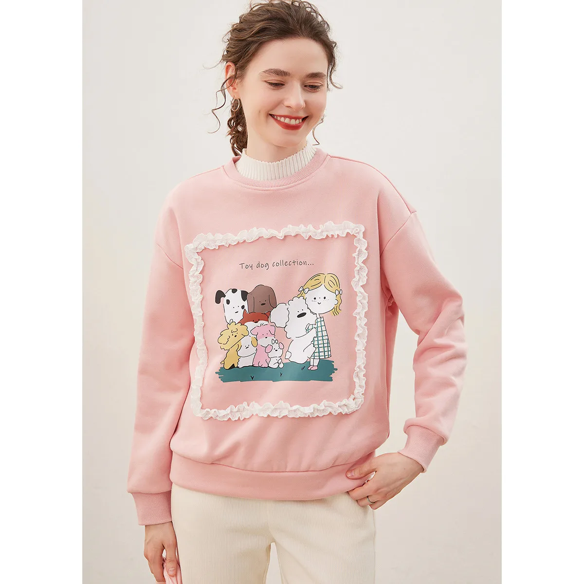 LOUIS YAO 2025 Winter Thick Velvet Printed Winter Edition Loose Off Shoulder Sleeves Micro Elastic Round Neck Women's Hoodie