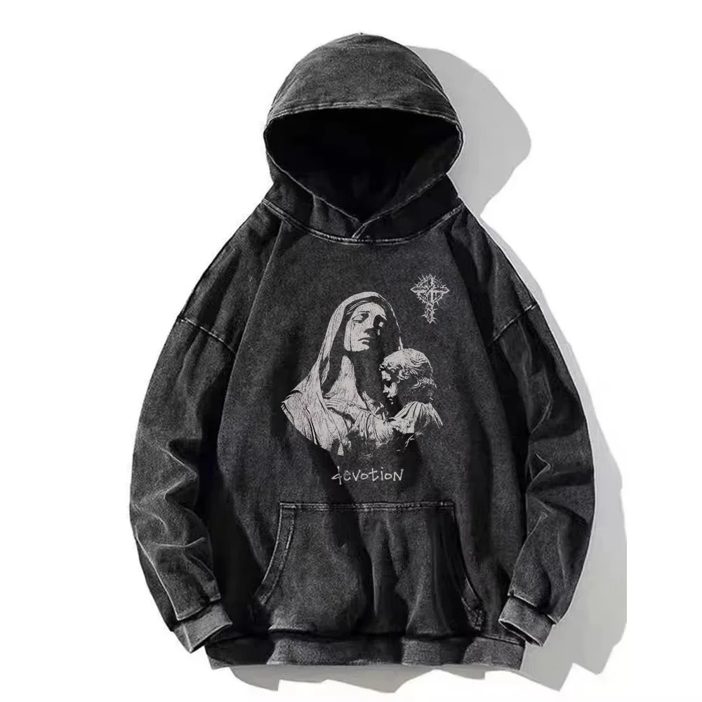Vintage PSALM 91:11 Print Cotton Washed Hoodie Casual Hip Hop Men Women High Street Retro Hooded Sweatshirt Winter Pullover