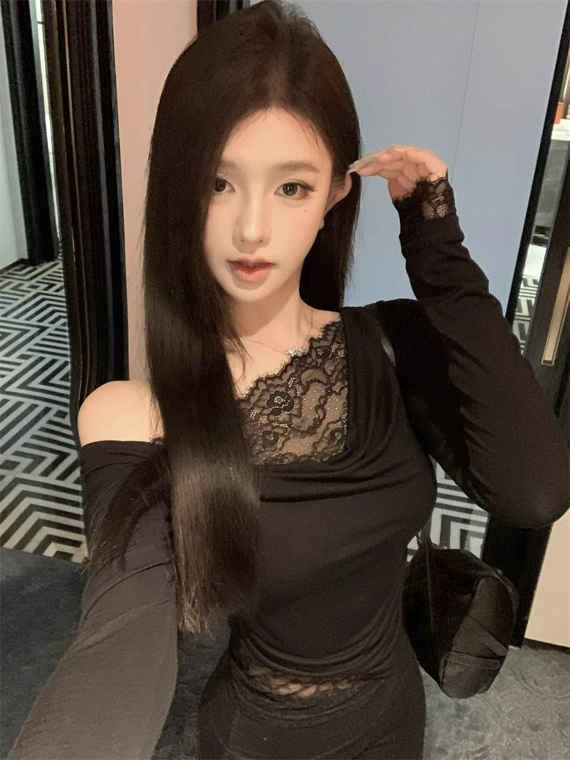 الربط الدانتيل قطعتين سوينغ الرقبة تي شيرت للنساء الخريف سليم صالح ضيق المناسب قاعدة قميص بأكمام طويلة