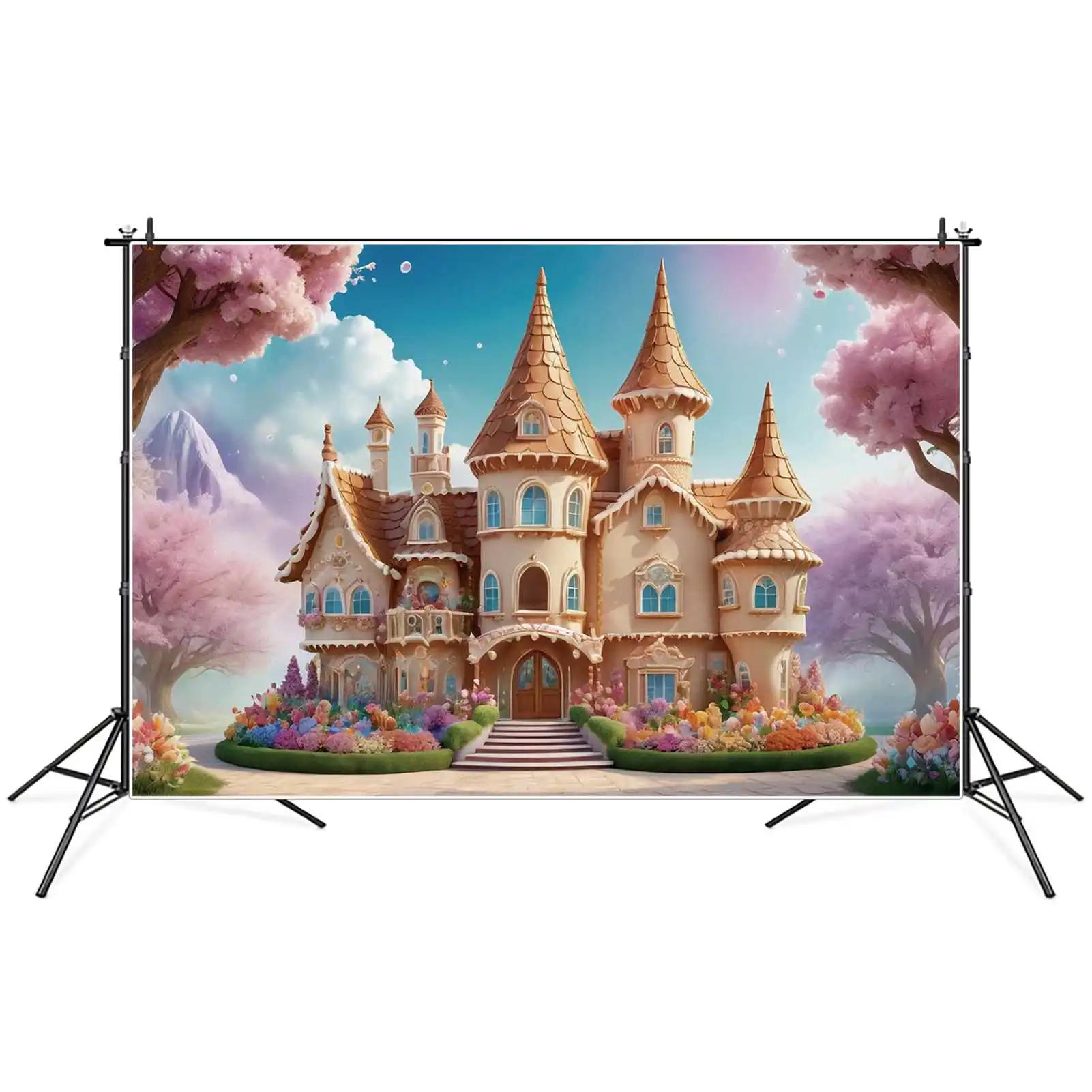 MOON.QG-Fondo de cumpleaños de Castillo de hadas para niñas, Princesa de montaña, Floral, jardín de flores, accesorios de fiesta personalizados