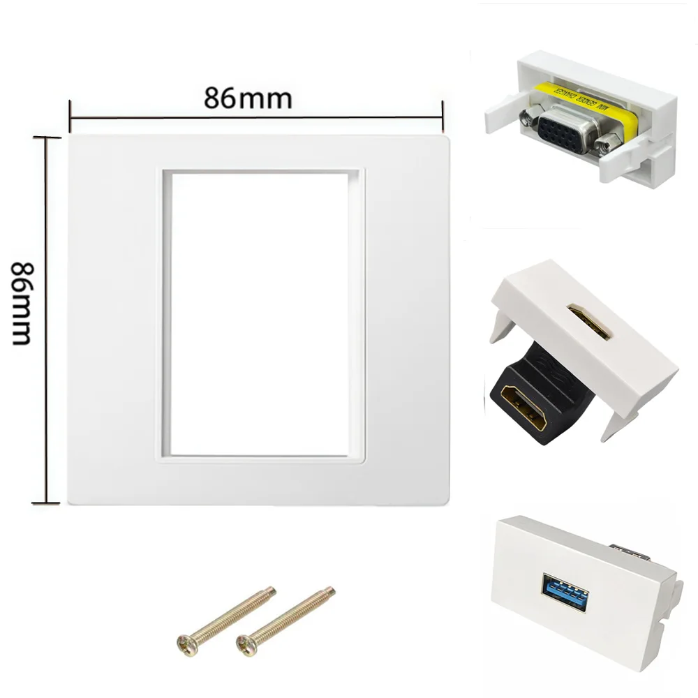 86mm Pro VGA USB HDTV Female Home TV AV Wall Outlet Video Socket Face Plate White ABS;