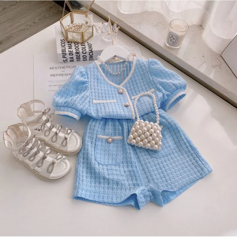 

Girls' Socialite Suit Summer New Children's White Temperament Short-Sleeved Shirt Shorts Two-Piece Set