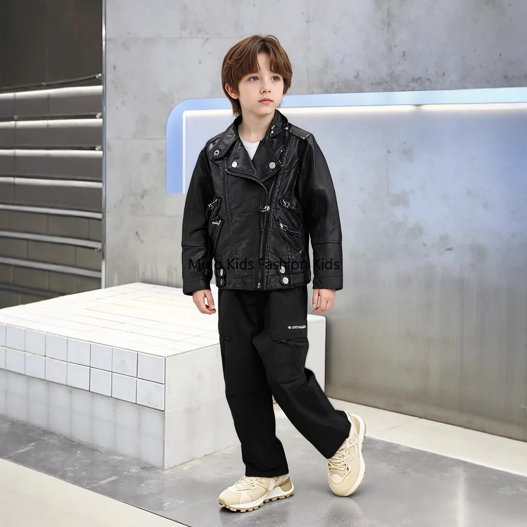 

Children's Leather Jacket New Arrival Kids' Outerwear Korean Style PU Leather Jacket for Boys and Girls with Stand-Up Collar