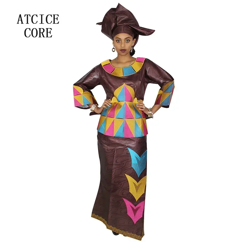 African Dresses For Women African Fabric Bazin Riche Embroidery Design Dress Long Dress With Headtie