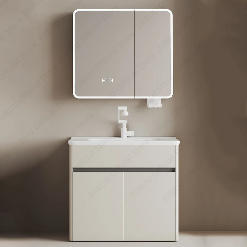 

Bathroom Vanities Cabinet with One Piece Wash Sink Basin Combo Wall Mounted Floating Cabinet with Mirror Cabinet Faucet Set