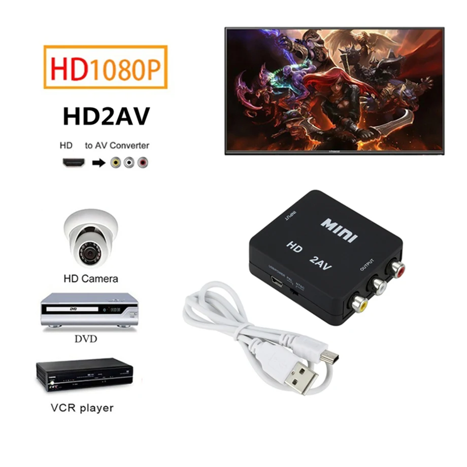 HDMI-compatible To RCA AV/CVBS Adapter HD Video Converter Box HDMI to RCA AV/CVSB L/R Video 1080P Mini HDMI to RCA Support NTSC