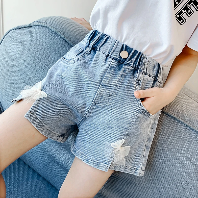 DIIMUU Baby Girls Children Denim Shorts Kids Jeans Summer Fashion Sweet Style Pants Trousers Toddler Bottoms for 4-13 Years