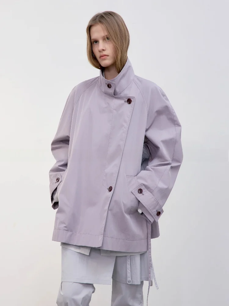 

Classic Um. ort Coat Pure Color Simple Sle Stand Collar Button Design Belted Spring Faion Women's Casual Outerwear