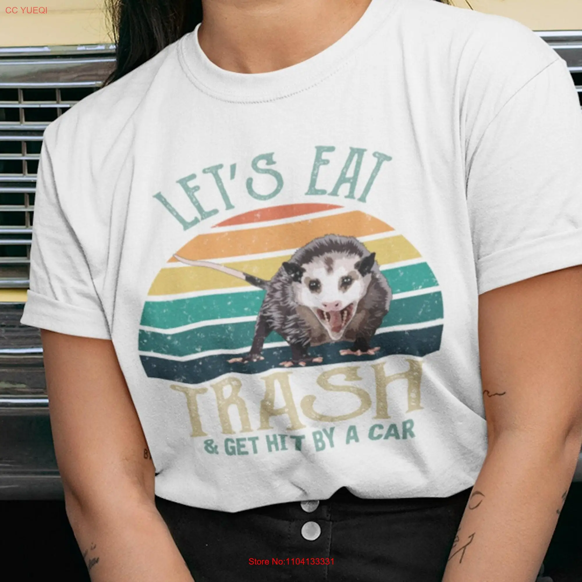 Lets Eat Trash And Get Hit By A Car Funny Retro Vibe Opossum T Shirt long or short sleeves