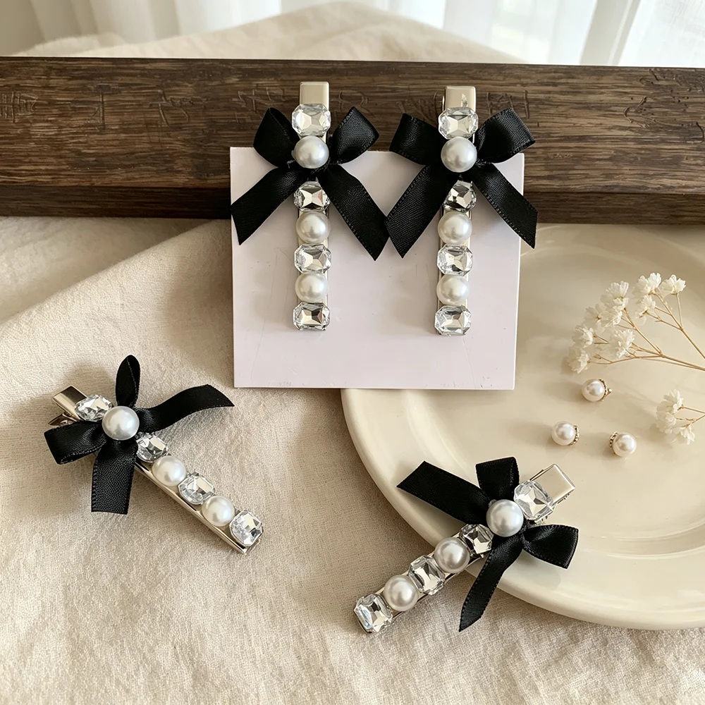 2pcs/set Black Satin Bow Pearl Crystal Hair Clip Elegant Barrettes for Women Party Gothic Wedding Daily Hair Decor Fashion Hair
