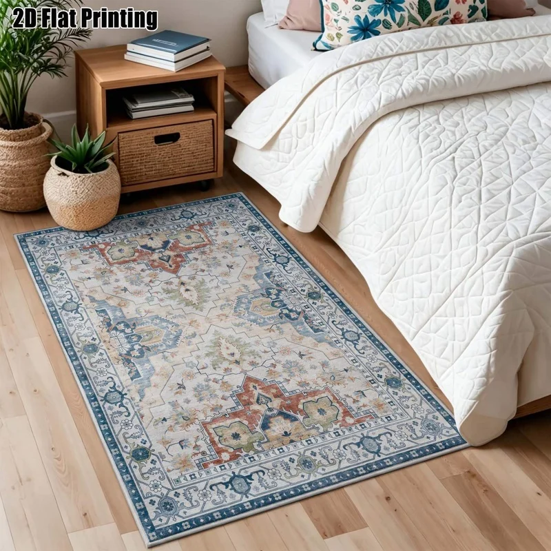 Large Indoor Area Rug, Soft Velvet Low Pile Machine Washable, Vintage Persian Medallion Pattern, Blue Terracotta Cream, for Living Room Bedroom Dining Room