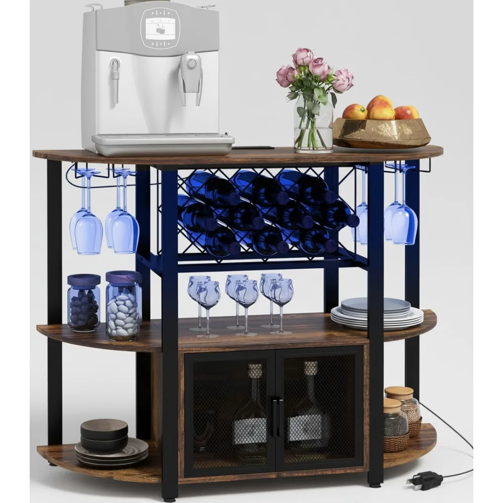 

Industrial Wine Bar Cabinet with LED Lights & Charging Station, 10-Bottle Rack, Rustic Brown Home Bar Stand