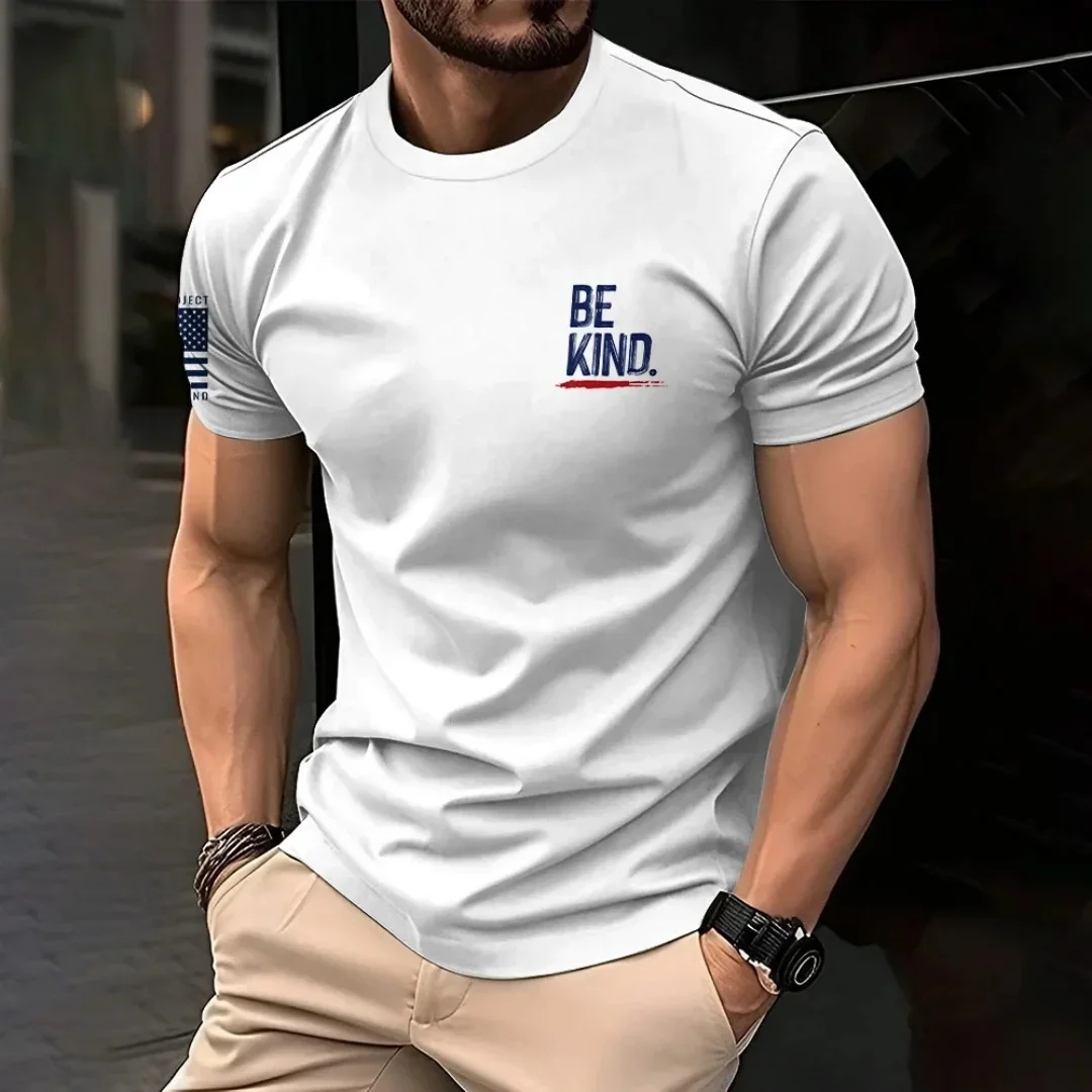 Men's Simple Style Short Sleeve T-shirt BE KIND Letter Printed T Shirts for Men Solid Color Crew Neck Tees Daily Casual Tops