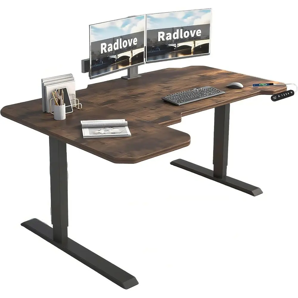 

59 L-Shaped Electric Height-Adjustable Desk with Memory Controller and Rustic Brown Top