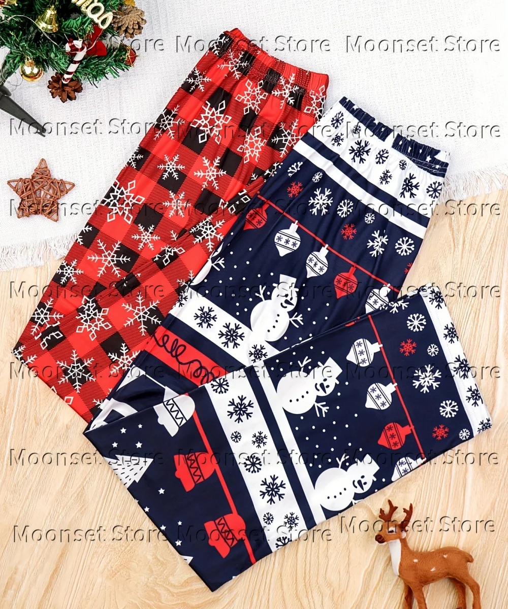 2027 Soft Milk Silk Women Christmas Sleep Pants Full Print Santa Snowflake Xmas Tree Elastic Loose Long Trousers Casual Pant