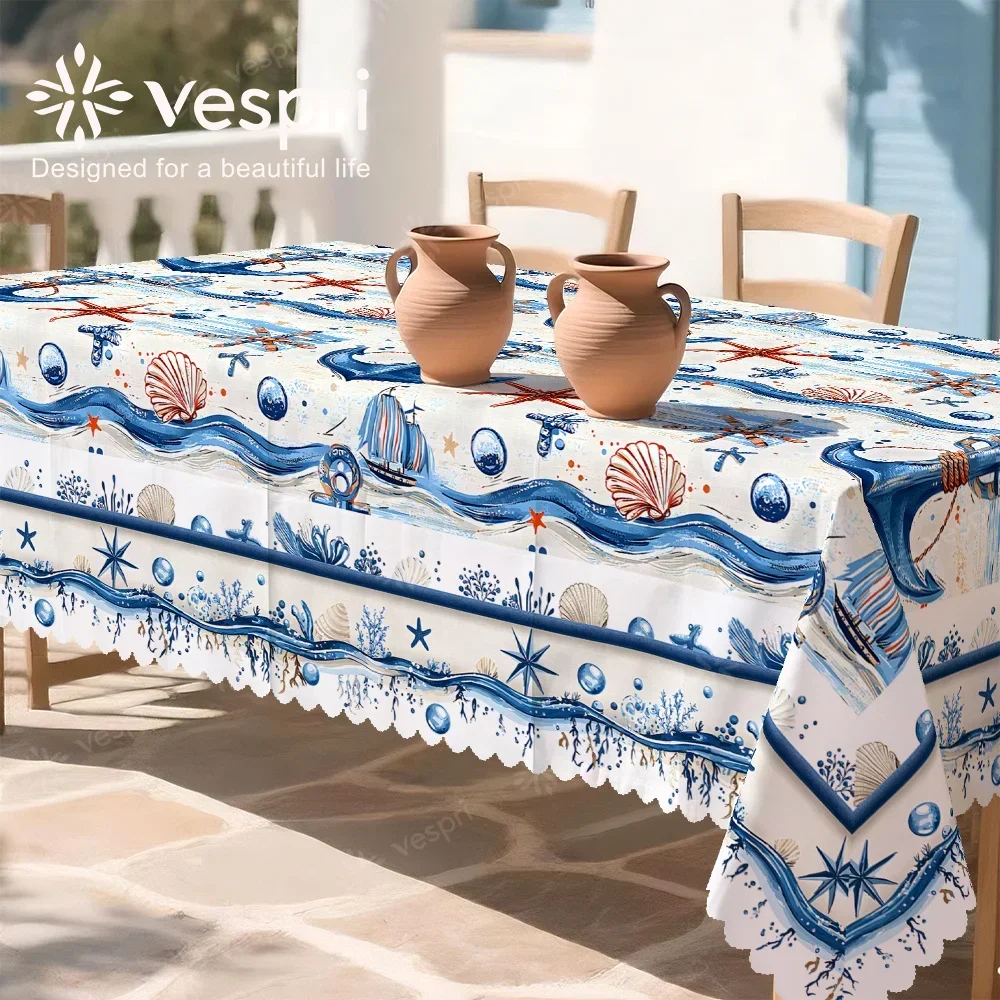 Ocean tablecloth, with white and blue decorations, featuring marine creatures, waves and ships, coastal style.yzb