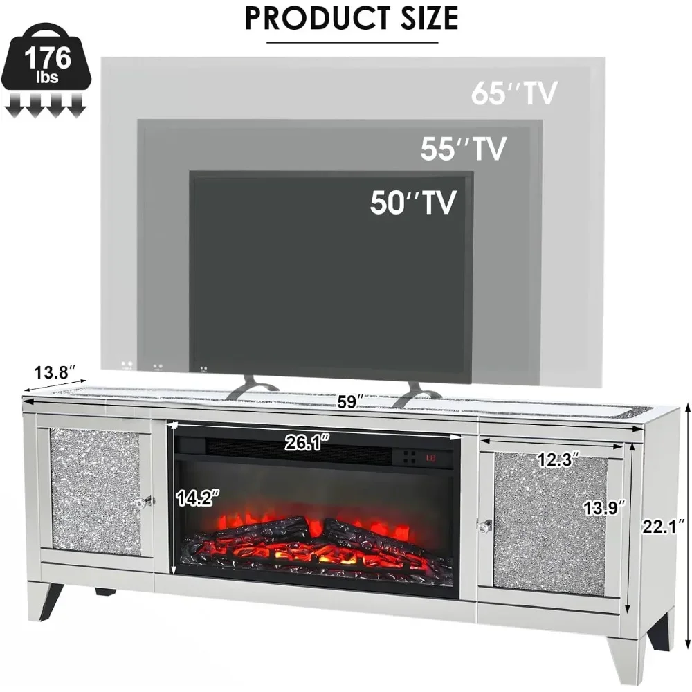 Soporte para TV con chimenea de 59 pulgadas con almacenamiento, soporte para TV plateado con espejo para televisores de 65 pulgadas para sala de estar, soportes altos para TV para centro de entretenimiento