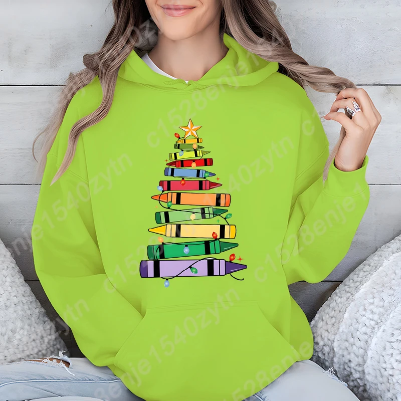 Christmas Light Teacher Crayon Tree Hoodie New Fashion Women\'s Clothing Casual Solid Color Pullover Winter Autumn Sweatshirt Top