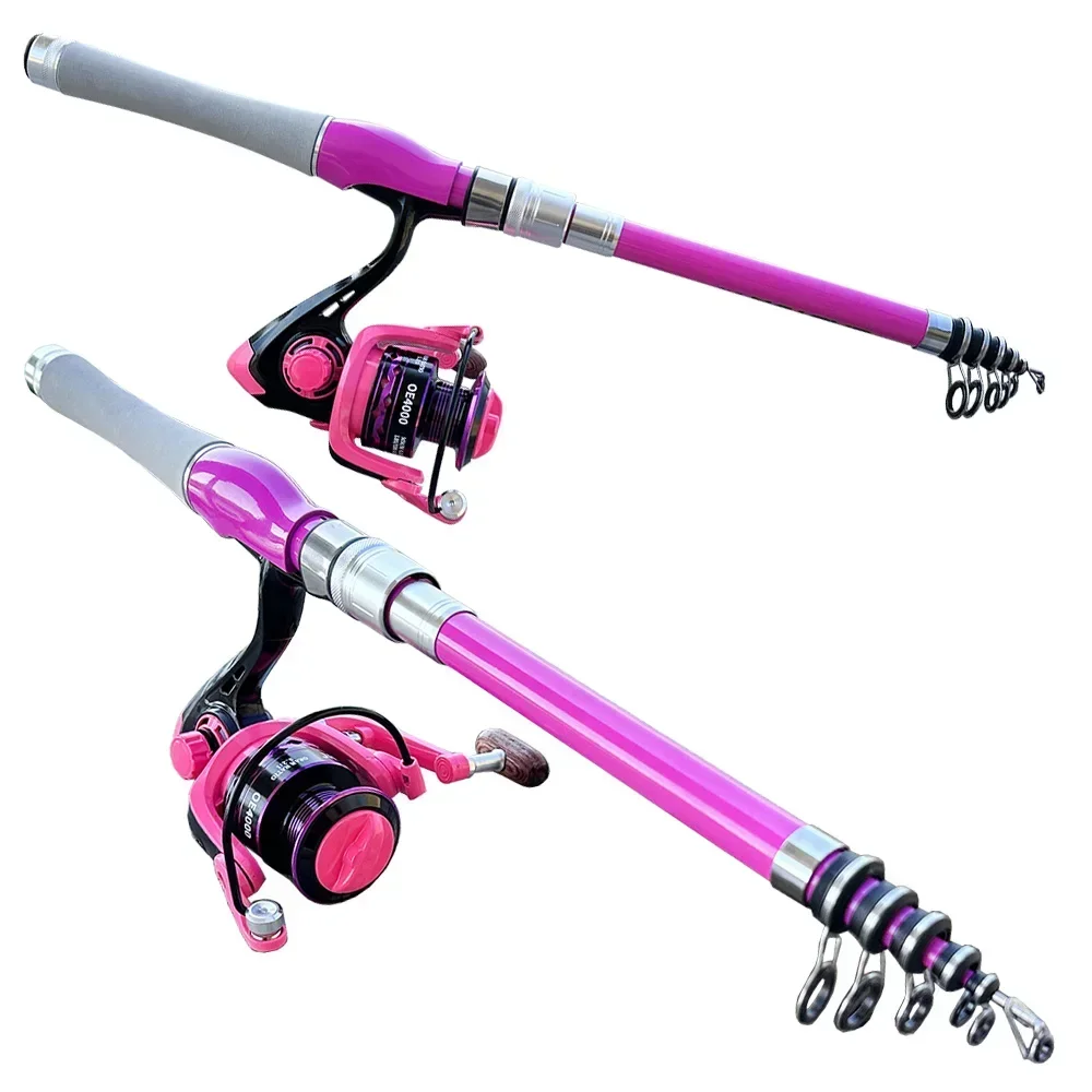 Rosa Angelruten-Set Mini Teleskop-Köderstange 1,5-2,4M Spinnrolle Max. Bremskraft 8KG Set mit Schnur Köder Komplettset für Anfänger – Detail 16