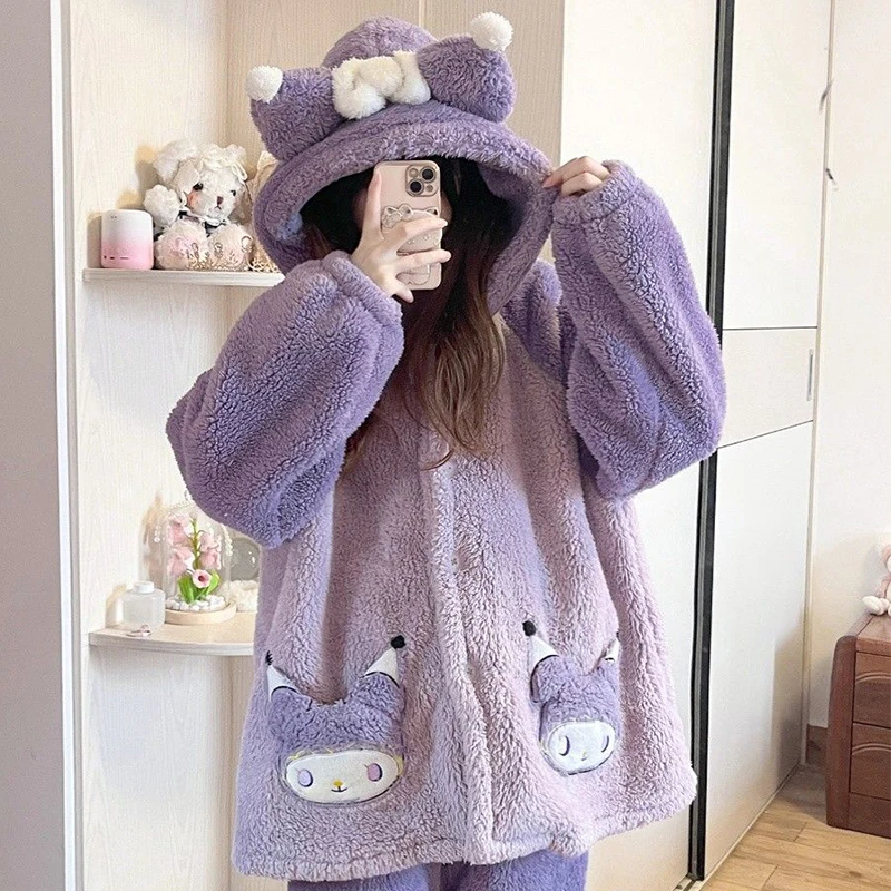 2Pcs New Kawaii Kuromi Coral Velvet Pajamas Woman Anime Cartoon Autumn Winter Student Keep Warm Thicken Loungewear Nightgown Set