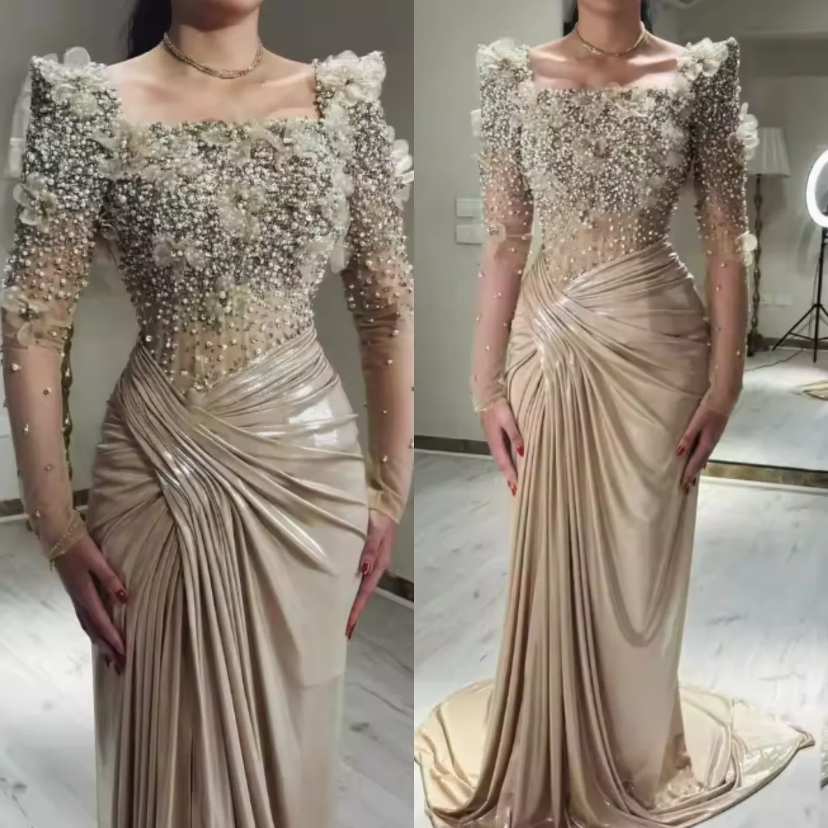 

Luxurious Mermaid Evening Dresses Long Sleeve Square Collar Prom Gowns Sequins Pearls 3D Appliques Customized Dresses