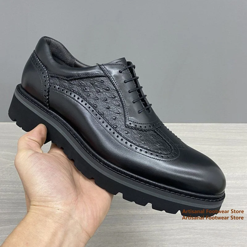 Black Ostrich Texture Brogue Oxford Shoes Thick Sole Lace Up Dress Shoes Business Leather Shoes Height Increasing Men's Shoes
