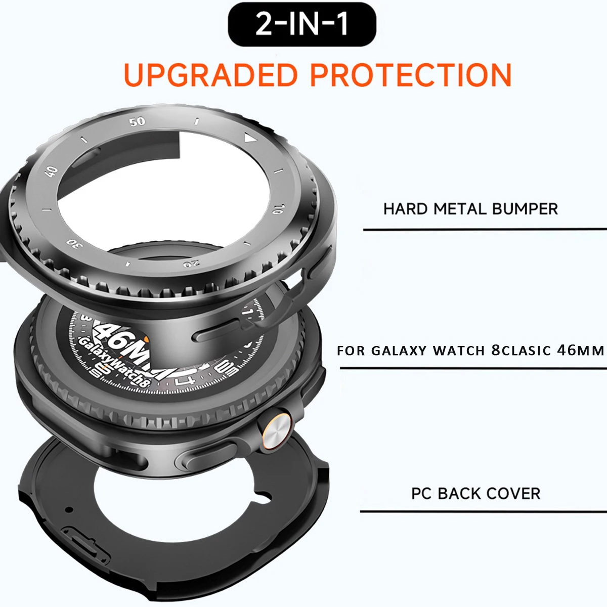 Metal PC Case for Samsung Galaxy Watch 8 Classic 46mm Rugged Shockproof with Back Cover for Galaxy Watch 8 Aluminum Bumper Frame