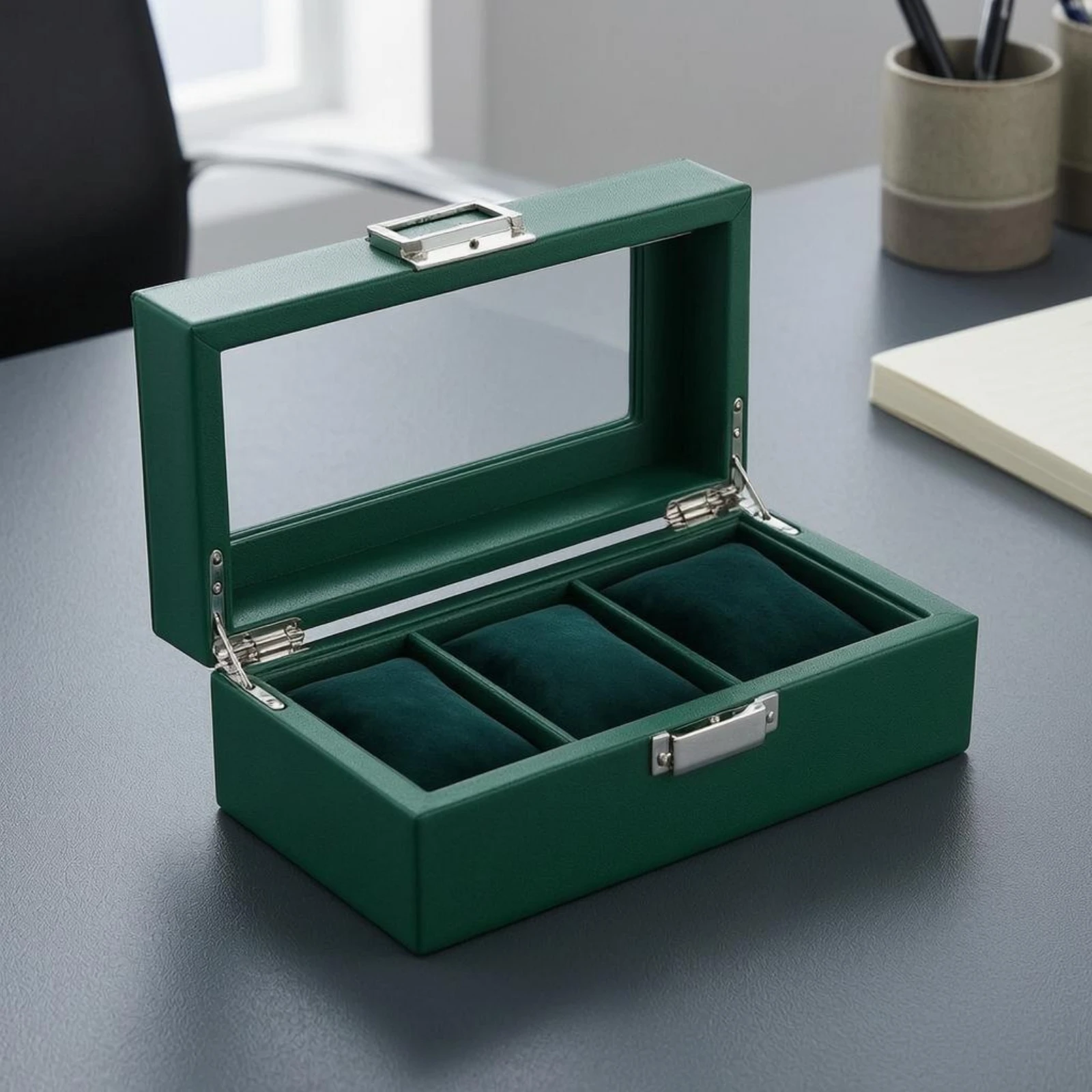 Watch Organizer Box 3 Compartments Watch Storage Box Transparent Window Velvet-Lined