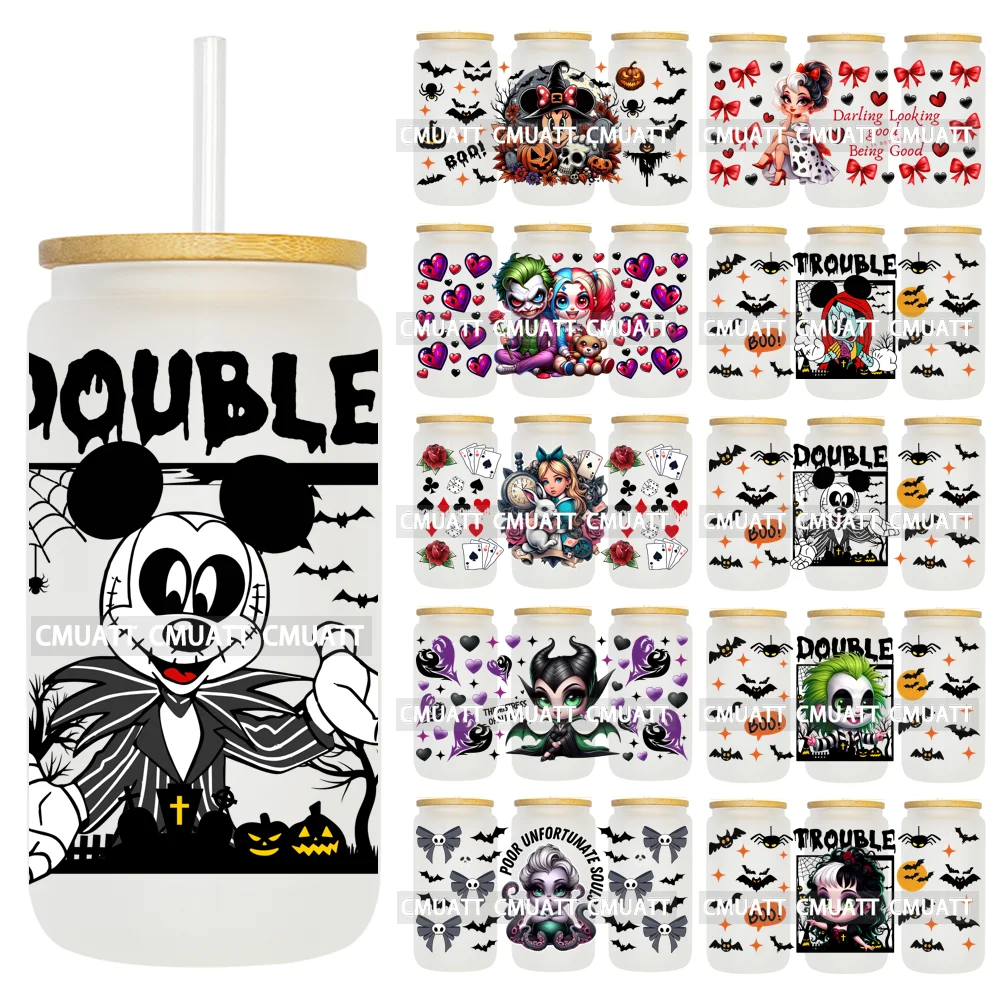 

Halloween Day Double Trouble Couple UV DTF Stickers Waterproof Wrap Transfer Printing For 16oz Libbey Glass Cups Spooky Season