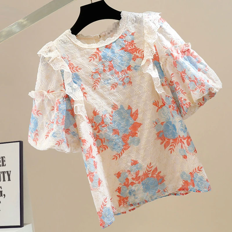 Matakawa พัฟแขน Floral Blusas Mujer Ruffles ฤดูใบไม้ผลิฤดูร้อน Vintage หวานผู้หญิงเสื้อ MODE Korea Elegant เสื้อ