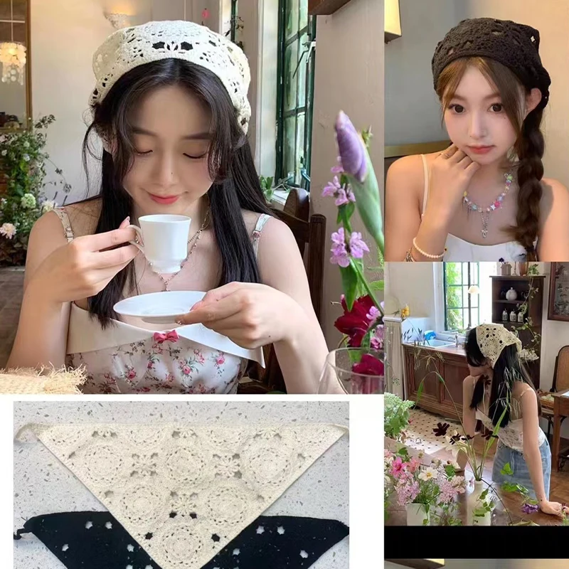 Summer Sweet Retro Solid Color Hollow Embroidery Knitted Triangle Turban For Women