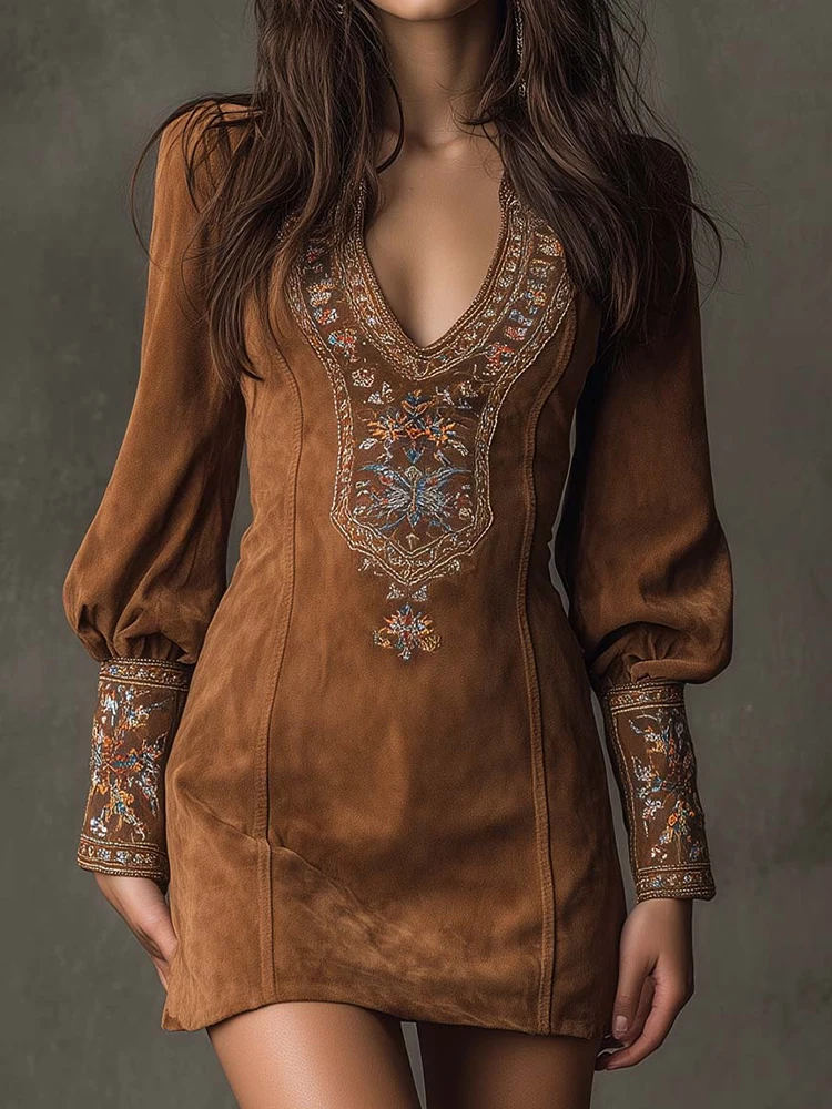 فستان حفلات أنيق بأكمام طويلة للعطلات، فستان نسائي قصير أنيق برقبة على شكل V للخريف والشتاء، فستان نسائي عتيق مرقع لعام 2025 #1