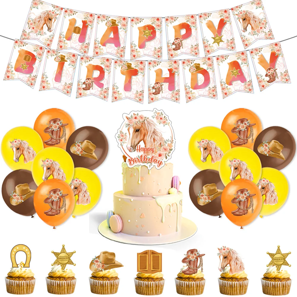 Horse Birthday Party Decoration Tablecloth Tableware Supplies Paper Cups Napkins Plates Backdrop Horse Balloon Set Kids Favor