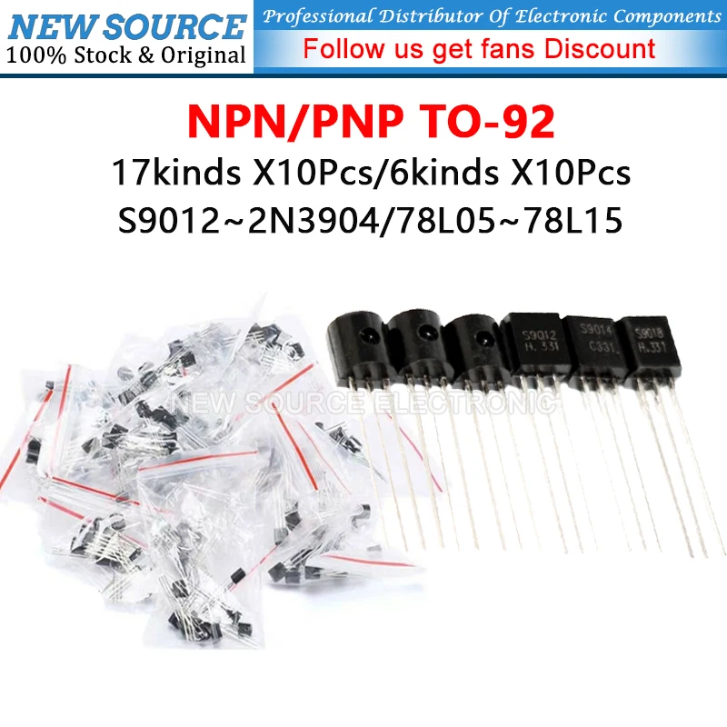 (17/6kind) NPN PNP Transistor S9012 2N3904 78L05 78L15 S9014 S9018 S8550 A1015 C1815 78L08 78L12 TO-92 Each 10/20pcs Kit