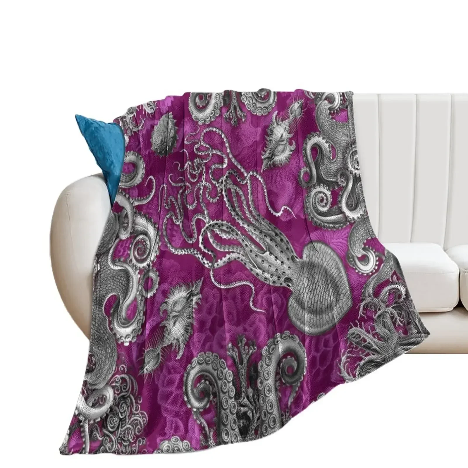 Octopus Squid Kraken Art Tentacles Seashell Deep Sea Ocean Creatures Lover (Pink, Alt) Throw Blanket for winter Summer Blankets