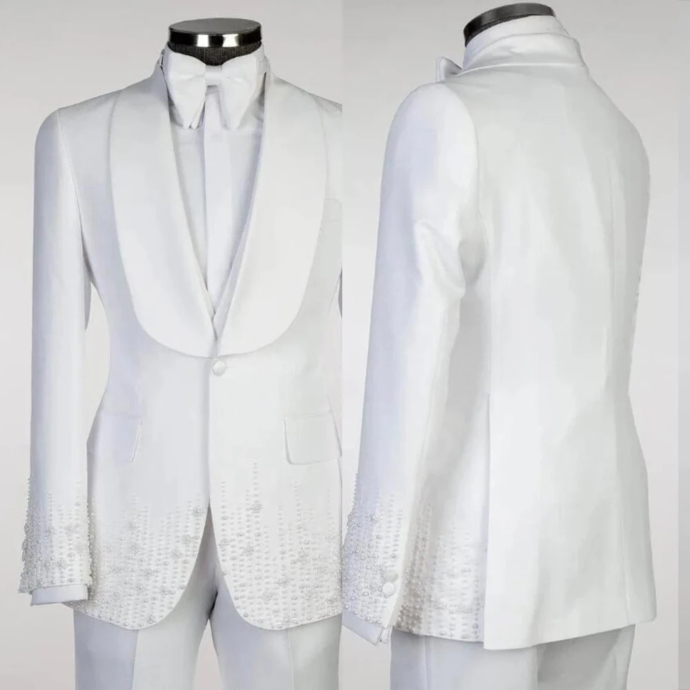 

Elegance Pearls Suit Men 3 Piece Sets Shawl Lapel Prom Blazers Custommized Groom Formal Wear Tuxedos Attire Trajes Para Hombre