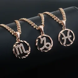 FJ 12 New Zodiac Sign Rose Gold Color Round Constellation Aries/ Pisces/Leo Pendant +50cm Chains Necklace