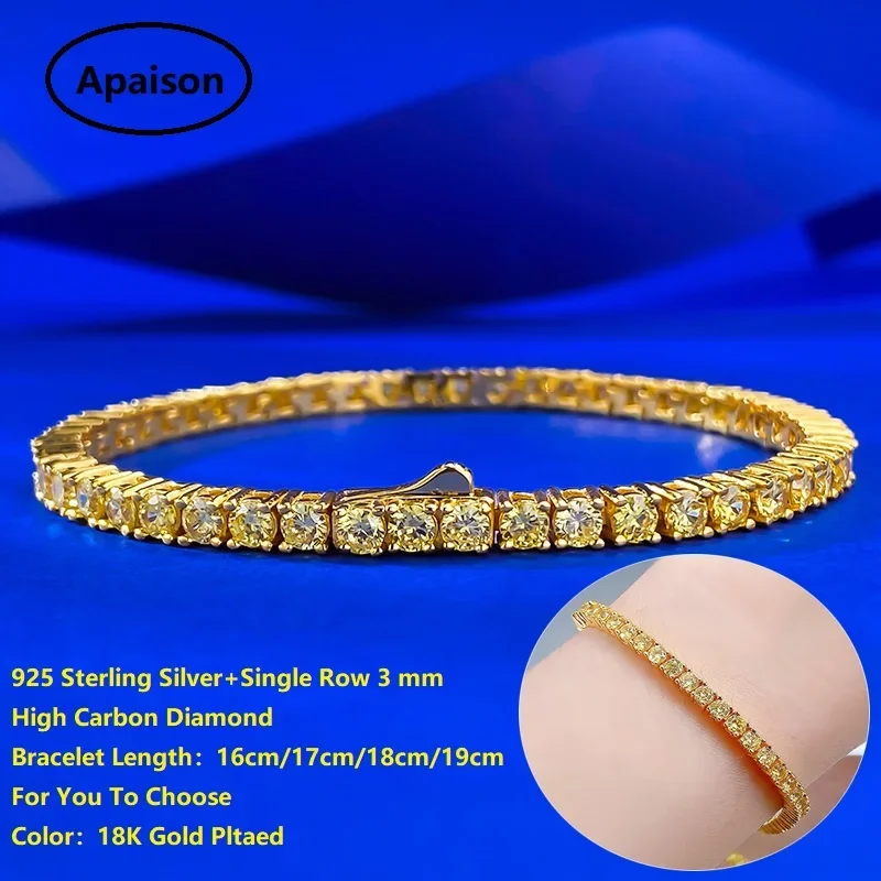 Apaison Single Row 3 mm High Carbon Diamond Bridal Bracelet 18K Gold Pltaed Bracelets For Women Wedding Anniversary Jewelry