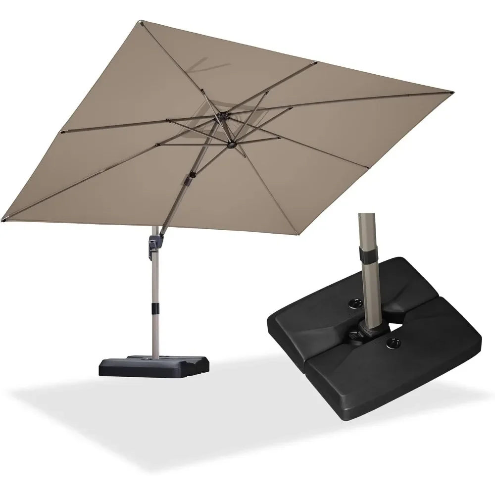 

9' x 11' Patio Umbrella with Base Cantilever Umbrella Rectangular Outdoor Offset Umbrella with Champagne Frame and 360°