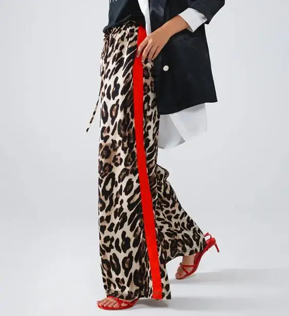 レディース レオパード柄 ワイドレッグパンツ レッドコントラストストライプ付き スタイリッシュ カジュアル ストレートレッグ ワイドレッグパンツ
