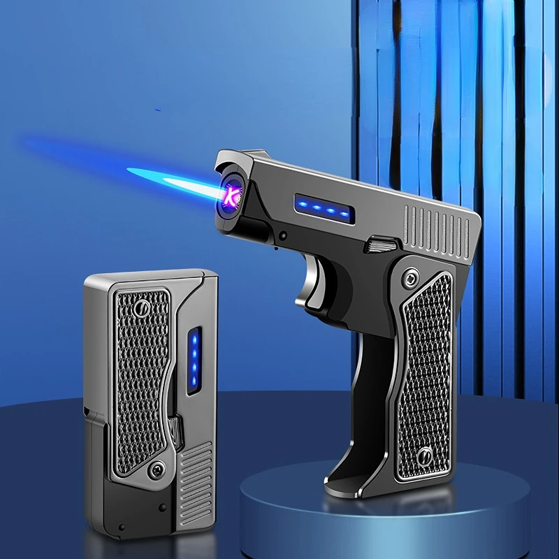 Creative Folding Gun Type Gas and Electric Lighter, USB Rechargeable, Windproof Direct Flush Lighter, Men\'s Cigarette Lighter