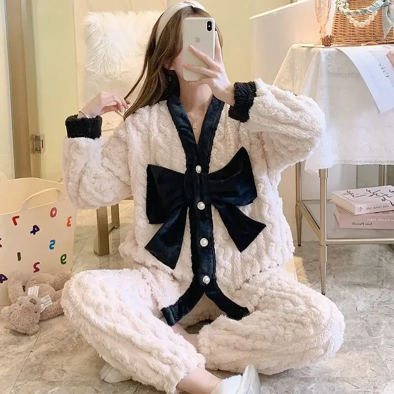 Women Pajamas Thickened Warm Coral Plush Girls Loungewear Sets Cartoon Autumn Winter Famale Sleep Clothes Flannel Homewear Suit