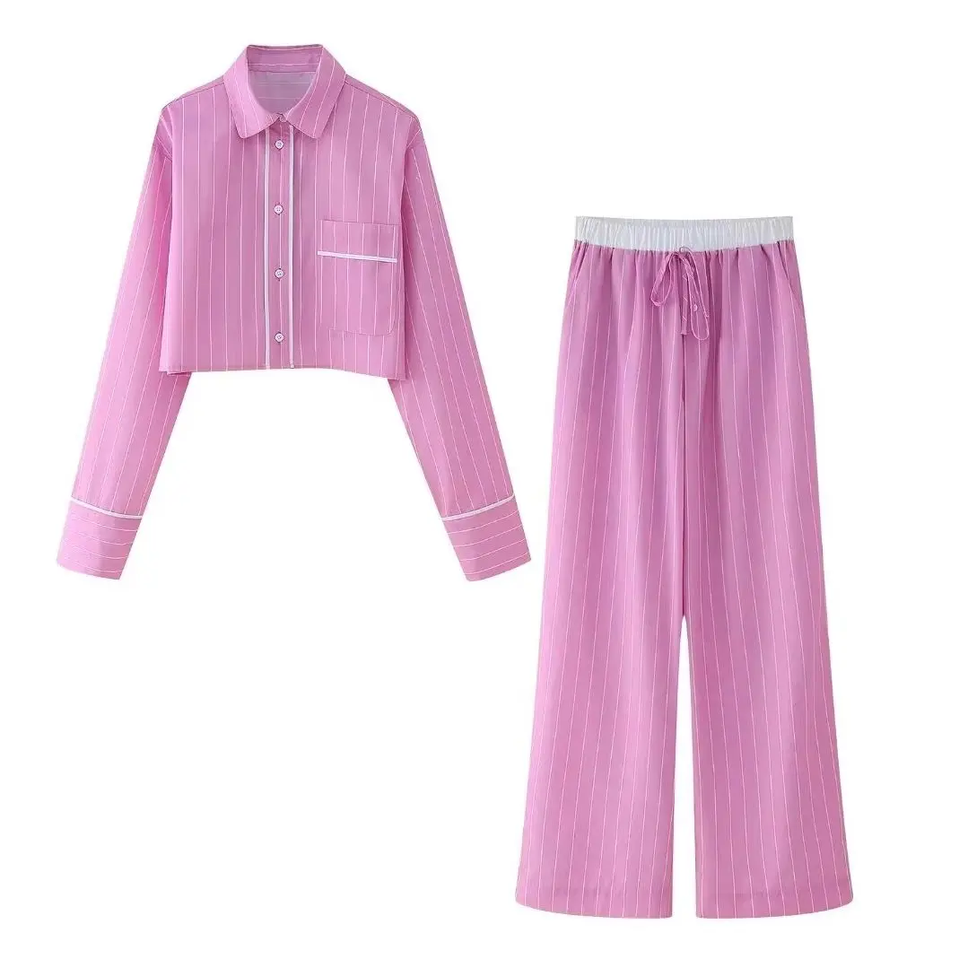 KONDALA 2024 بدلة نسائية صيفية غير رسمية مخططة ملزمة بياقة مقلوبة قميص الشارع الشهير + سراويل طويلة برباط بدلة نسائية عصرية